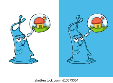 Cute Blue Emoji Cartoon Thinking. Vector Illustration. Isolated on white background.