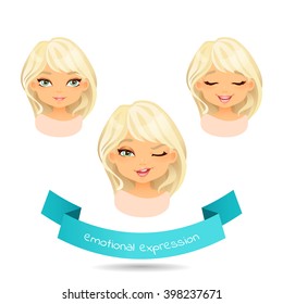 Cute blue eyed blonde with different facial expressions. Set of different emotion: smile, joy,wink. Cartoon cute girl  with different expressions of emotion. Vector illustration isolate on white.