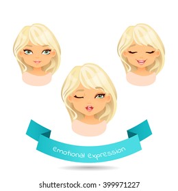 Cute blue eyed blonde with different facial expressions. Set of different emotion: smile, laugh, licking lips. Cartoon girl with different expressions of emotion. Vector illustration isolate on white.