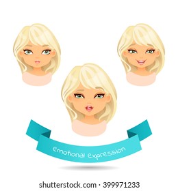 Cute blue eyed blonde with different facial expressions. Set of different emotion: smile, laugh, licking lips. Cartoon girl with different expressions of emotion. Vector illustration isolate on white.