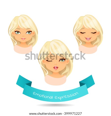 Cute blue eyed blonde with different facial expressions. Set of different emotion: smile, laugh, licking lips. Cartoon girl with different expressions of emotion. Vector illustration isolate on white.