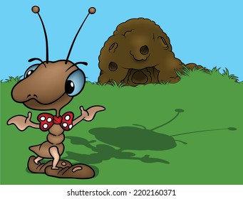 Cute Blue Eyed Brown Ant mit offenen Armen - farbige Cartoon-Illustration mit Hintergrund, Vektorgrafik