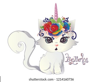 Cute blue eyed white kitten with horn decorated with roses and floral.