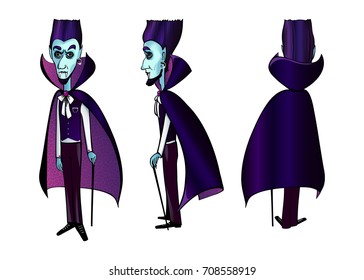 Cute blue face Vampire Dracula Halloween character in black and pink cape and walking stick isolated on white background: face, back and left views. Vector illustration.