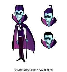 Cute blue face Vampire Dracula Halloween character in black and pink cape and walking stick isolated on white background: front view and three types of hairstyle. Vector illustration.