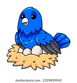 Cute blue factor canary cartoon with eggs in the nest