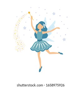 Cute Blue Fairy In Flight With A Magic Wand