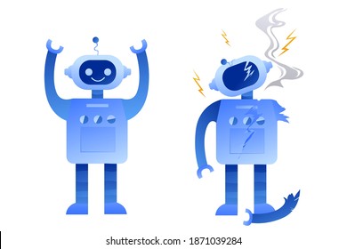 Cute blue faulty robot with broken display on a white background. System malfunction, broken assistant, short circuit. Electricity and smoke.