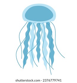 Cute blue fellyfish. Sea and ocean animal. Underwater life. Childish medusa character. Vector flat illustration isolated on white background