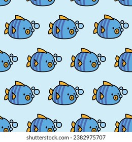 Cute Blue fish with Air Bubble 2D doodle seamless pattern. Ocean Animal Simple Vector Background. For Children bedroom, Gift Wrapper, Pillow cover, Textile, Printable paper, Decoration Sticker, etc.