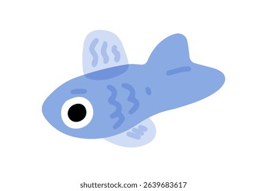 Cute Blue Fish Character. Cartoon blue fish with big eye and fins in simple flat style. Minimalist aquatic character, isolated on white background.