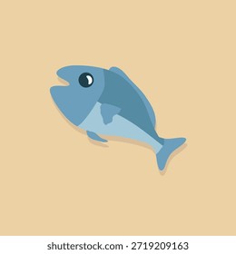 Carácter azul lindo del pez en un estilo plano del Vector. Ilustración minimalista de alimento de proteína saludable y animal marino aislado en un fondo cálido