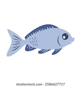 Cute blue fish flat cartoon style isolated on white background