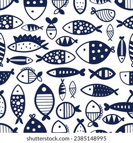 Cute blue fish. Kids background. Seamless pattern. Can be used in textile industry, paper, background, scrapbooking.