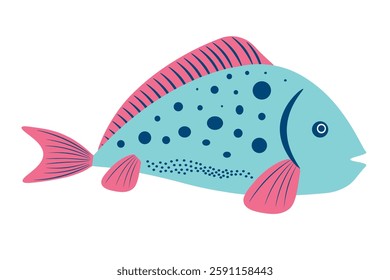 Cute blue fish with pink fins and blue spots on its body. An underwater inhabitant of wildlife. One icon isolated on  white background. Cartoon style. Flat.