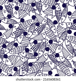 Cute blue fish and polka dot. Kids background. Seamless pattern. Can be used in textile industry, paper, background, scrapbooking.