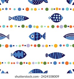 Cute blue fish and polka dot. Kids background. Seamless pattern. Can be used in textile industry, paper, background, scrapbooking.