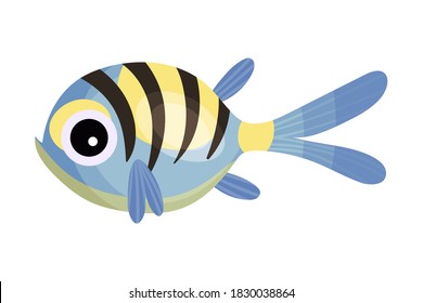 Cute Blue Fish with Side Fins and Stripes as Marine Animal Vector Illustration