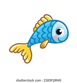 Cute blue fish smiling on a white background. Vector illustration on a marine theme in a cartoon style.