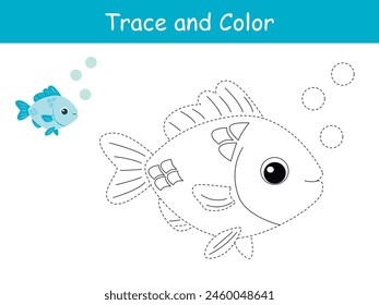 Lindo pescado azul bajo el mar, rastro de vida marina y libro para colorear o página para colorear. Ilustración vectorial