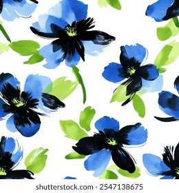 Cute blue floral and green leave seamless watercolor pattern on white background. Flower vector illustration. Watercolor print in rustic vintage style, textile or wallpapers.