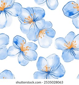 Nettes blaues, florales, nahtloses Aquarellmuster mit weißem Aquarellhintergrund. Vektorgrafik mit Blumen. Aquarelldruck im rustikalen Vintage-Stil, Textil oder Tapeten.