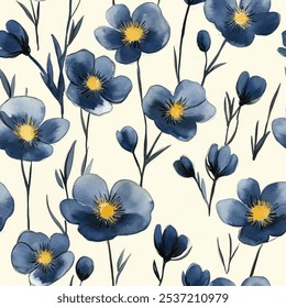 Lindo patrón de acuarela transparente floral azul sobre fondo de crema. Ilustración vectorial de flores. Impresión de acuarela en estilo rústico vintage, textil o Fondos de pantalla.