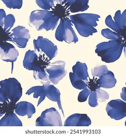 Cute blue floral seamless watercolor pattern on cream background. Flower vector illustration. Watercolor print in rustic vintage style, textile or wallpapers.