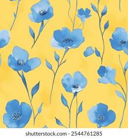 Lindo patrón de acuarela transparente floral azul sobre fondo amarillo. Ilustración vectorial de flores. Impresión de acuarela en estilo rústico vintage, textil o Fondos de pantalla.