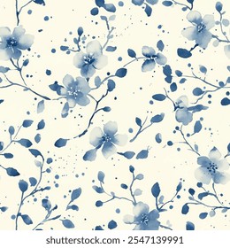 Lindo patrón de acuarela transparente floral azul sobre fondo crema. Ilustración vectorial de flores. Impresión de acuarela en estilo rústico vintage, textil o Fondos de pantalla.