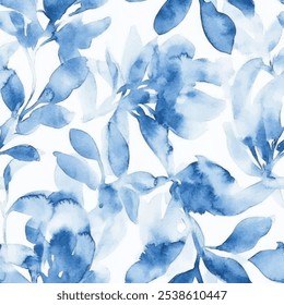 Cute blue floral watercolor seamless pattern with white watercolor background. Flower vector illustration. Watercolor print in rustic vintage style, textile or wallpapers.