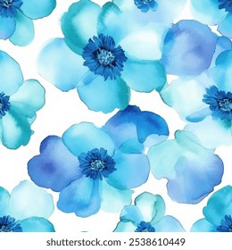 Padrão suave de aquarela floral azul bonito com fundo de aquarela branca. Ilustração de vetor de flor. Impressão aquarela em estilo vintage rústico, têxtil ou papéis de parede.