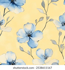 Lindo patrón de acuarela floral azul sobre fondo amarillo de la acuarela. Ilustración vectorial de flores. Impresión de acuarela en estilo rústico vintage, textil o Fondos de pantalla.