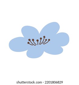 Cute blue flower isolated on white background. Vector illustration in hand-drawn flat style. Perfect for cards, logo, decorations, spring and summer designs. Botanical clipart.