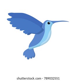 Cute blue flying colibri bird. Logo template. Flat icon. Exotic bird isolated on white background. Summer tropical graphic element. Tropical animal. Flat vector illustration.