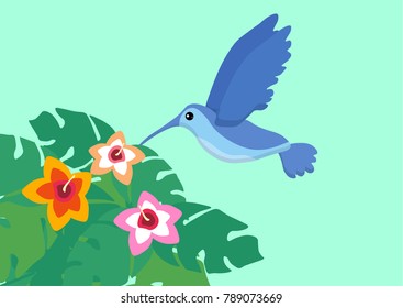 Cute blue flying colibri bird. Logo template. Flat icon. Tropical plants. Exotic bird isolated on blue background. Summer tropical graphic element. Tropical animal. Flat vector illustration.