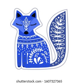 Cute blue folk art fox on white background. Hand drawn vector illustration in Scandinavian, Nordic style. Good for t-shirt design, gift card, kids products, poster or textile design. 