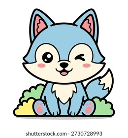 Cute blue fox cartoon character sitting with closed eyes and smiling pink green