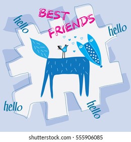 cute blue fox his back with a small bird and best friends description vector illustration