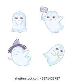
Cute blue ghost character for Halloween. A set of illustrations of the ghost character in different versions and poses. Can be used as stickers, character, mascot, greeting card, scrapbooking.
