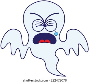 Cute blue ghost in minimalist style, with big head and bulging eyes, while floating, clenching his eyes, crying, yelling and feeling distressed