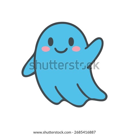 Cute Blue Ghost Waving Hello. A delightful azure phantom with rosy cheeks extends a cordial welcome. It embodies cheerfulness, playfulness, and innocence.