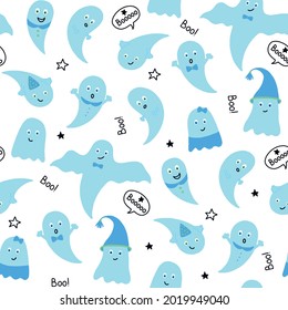 Cute blue ghosts on an white background. Illustration of a happy Halloween. Seamless vector pattern with ghosts of children's drawing style. Flat design. Ghosts with different facial expressions