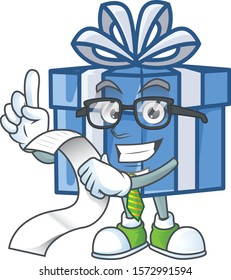 Cute blue gift box cartoon character with menu ready to serve