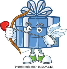 Cute blue gift box Cupid cartoon character with arrow and wings