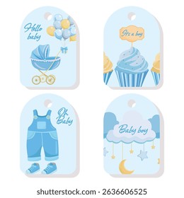 Cute blue gift tags for baby shower celebration with baby elements and decorative illustrations for boy arrival announcement