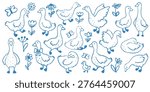 Cute blue goose clipart set with hand drawn doodle flowers and butterflies
