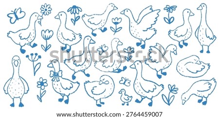 Cute blue goose clipart set with hand drawn doodle flowers and butterflies
