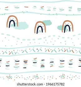 Cute blue green brown simple seamless pattern of clouds and rainbow, lines and dots on white background. Vector illustration, Hand drawn flat style