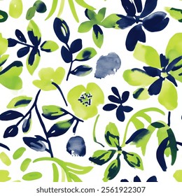 Cute blue and green floral watercolor seamless pattern with white watercolor background. Flower vector illustration. Watercolor print in rustic vintage style, textile or wallpapers.